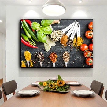 Овощи, крупы, специи, ложка, кухня, еда, холст, картина, плакаты и принты Куадроса, настенное искусство, картина, декор для дома в гостиной