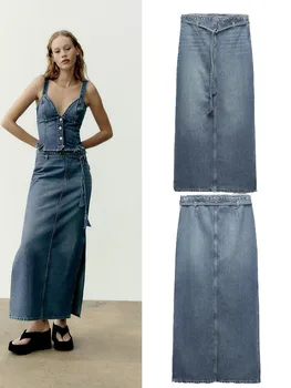 Одежда 2023 лето новая женская мода темперамент все Матч, высокая талия, тонкий средней длины джинсовая юбка 0