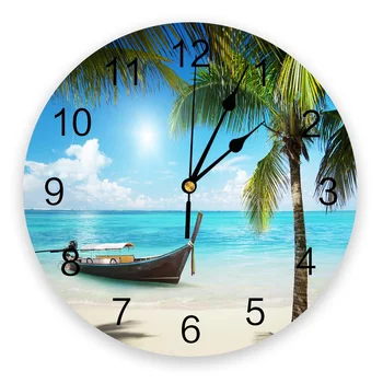 Океанский Пляж Кокосовая Пальма Лодка Пейзаж Декоративные Круглые Настенные Часы Индивидуальный Дизайн Не Тикающие Бесшумные Спальни Большие Настенные Часы