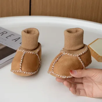 Осенне-зимние детские первые ходунки, утолщенная плюшевая обувь для мальчиков и девочек, теплые меховые детские сапоги, обувь для новорожденных в кроватку 0