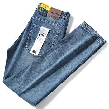 Осенне-зимние новые джинсы 2023, мужские эластичные Свободные прямые джинсы с утолщением из флиса, деловые повседневные длинные брюки, мужские джинсы