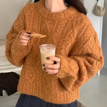 Осенне-зимний свободный пуловер-свитер, женская трикотажная рубашка в стиле ретро с круглым вырезом и толстым свитером внутри 0