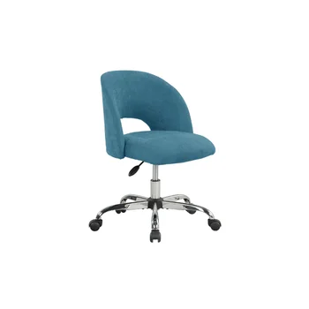 Офисное кресло с открытой спинкой, обитое тканью, на колесиках, офисная мебель на металлической основе, окрашенная в бирюзовый цвет.