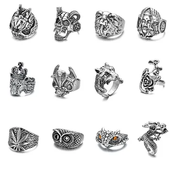 Панк-ретро кольца с черепом дракона, Змеей и Волком для мужчин, хип-хоп, открытое регулируемое кольцо на палец в виде животного, подчеркивающее мужские ювелирные изделия, подарки