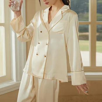 Пижамный комплект из двух предметов, Весенняя женская пижама, Пижамная домашняя одежда, рубашка с длинным рукавом и брючные пижамные костюмы, атласное интимное белье