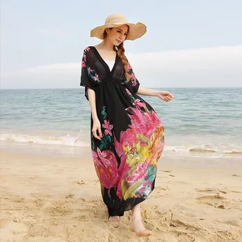 Платье, женская модная праздничная Свободная пляжная юбка, Шифоновое платье с V-образным вырезом и коротким рукавом в цветочек, Vestidos Elegantes Para Mujer
