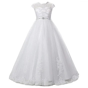 Платья для девочек из тюля с белой кружевной аппликацией длиной до пола, модные нарядные платья для причастия для девочек