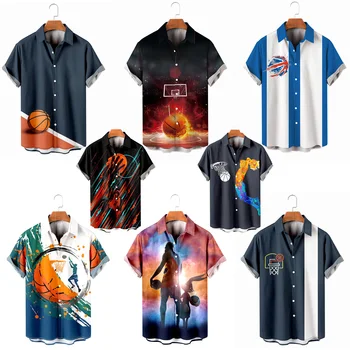 Плюс размер, Новая летняя мужская гавайская рубашка с баскетбольным принтом, пуговица на лацкане, повседневный спортивный кардиган, топы с коротким рукавом