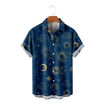 Повседневная Гавайская Рубашка Для Мужчин С Рисунком Звезды И Луны В Полоску С 3D Принтом Harajuku Street Hombre Модная Пляжная Одежда Большого Размера