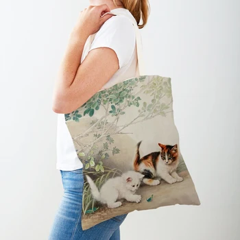 Повседневная хозяйственная сумка с животным принтом, китайские чернила, Мультяшный кот, женские сумки для покупок, двусторонняя многоразовая Женская холщовая сумка-тоут