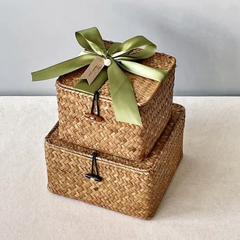 Подарочная коробка из ротанга в стиле ретро с крышкой, коробка для хранения ручной работы из морской травы, настольная коробка для хранения, сопутствующая упаковка, Подарочная коробка, Плетеная корзина
