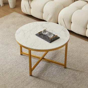 Приставной столик для дивана из спеченного камня с золотым металлическим каркасом и столешницей белого цвета carrara-32 