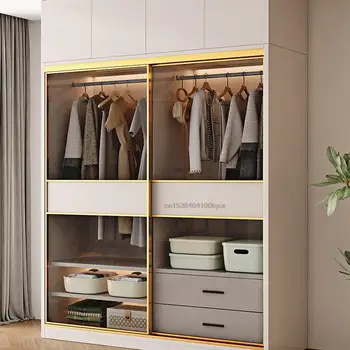 Простота Портативный шкаф для одежды с прозрачной стеклянной раздвижной дверью Современная мебель для спальни Комбинация шкафов для одежды