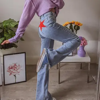 Прямые женские джинсы в стиле ретро с пятиконечной звездой, европейский и американский дизайн, облегающие универсальные брюки по длине ног