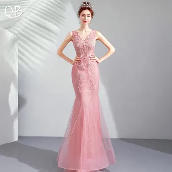 Розовая Русалка С V-образным вырезом, Тюль, Кружево, расшитое бисером, Кристалл, Сексуальные вечерние платья 2020, Новая мода для невесты, платье для выпускного вечера XK128