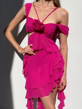 Розово-красное мини-платье с рюшами, Летнее Модное платье с открытыми плечами и кисточками, Женские элегантные платья для клубных вечеринок с вырезами 2023 г. 0