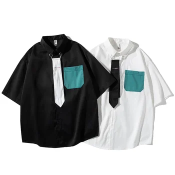 Рубашка 2023 Летний Новый Нишевый Дизайн Поддельная Рабочая Рубашка Из Двух Частей Ins Trend Пара Свободного Покроя Рубашка С Короткими Рукавами