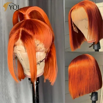 Рыжие короткие парики на шнурках спереди, парики из 100% человеческих волос, парики на шнурках для женщин, светлые Оранжевые прямые Перуанские волосы спереди, парик