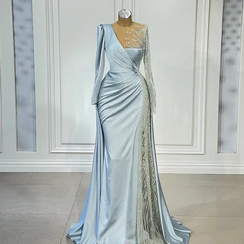 Светло-голубое арабское вечернее платье Sharon Said с длинным рукавом для женщин, свадебная вечеринка, Элегантные атласные роскошные вечерние платья для выпускного вечера SS317