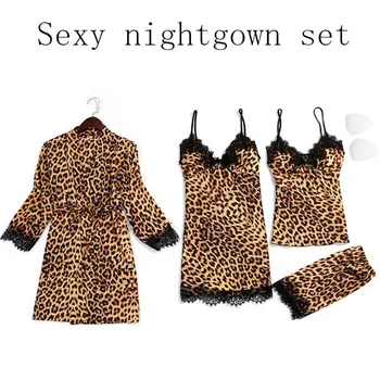 Сексуальное женское леопардовое ночное платье, женская пижама, комплект халата, кружевные подтяжки, ночная рубашка на бретельках, летняя женская ночная рубашка