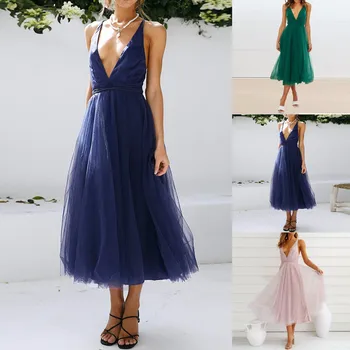 Сексуальное платье с глубоким V-образным вырезом на бретельках, Сетчатое кружевное струящееся платье в стиле пэчворк, Модное летнее платье, Элегантное Милое платье Vestido Feminino 0