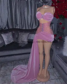 Сексуальные расшитые бисером розовые бархатные платья для выпускного вечера со шлейфом сбоку Африканские платья для вечеринки по случаю дня рождения на заказ Plus для женщин