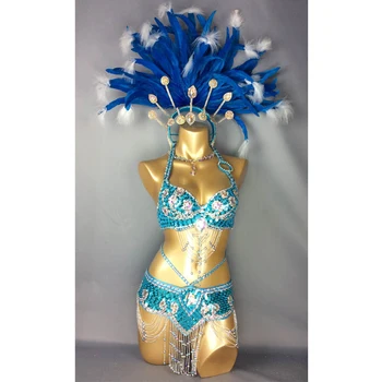 Сексуальный карнавальный костюм Samba Rio для женщин, расшитый бисером и пайетками, комплект для танца живота с бирюзовым пером на голове. 0