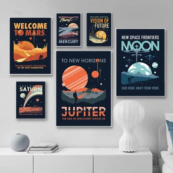 Серия эстетики плакатов Космические путешествия, Универсальная планета Луна, Марс, Сатурн, картина на холсте, настенное искусство, украшение дома в спальне