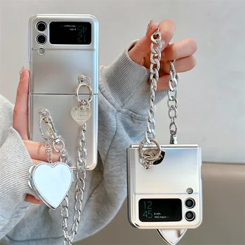 Симпатичное Сердечко С Зеркальной Подвеской-Цепочкой Чехол Для Телефона Samsung Galaxy Z Flip 4 3 Flip3 Flip4 5G Чехол Модное Покрытие Серебряными Чехлами
