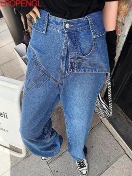 Синие хлопковые джинсы неправильной формы с высокой талией и прямыми штанинами, свободные высококачественные женские брюки в стиле ретро, костюм-двойка Harajuku 2023