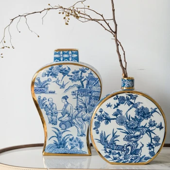 Синий и белый фарфор, новая китайская роспись тушью, фарфоровая ваза с золотой росписью, украшения, гостиная, прихожая, спальня