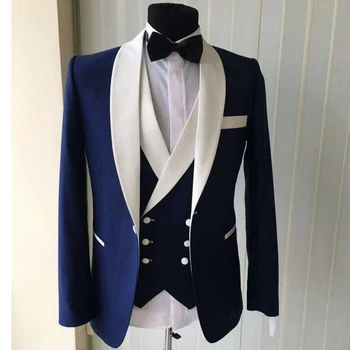 Синий смокинг жениха из 3 частей для свадьбы с отворотом из белой шали, приталенные мужские костюмы, жилет с двойным нагрудником, мужская модная куртка 0