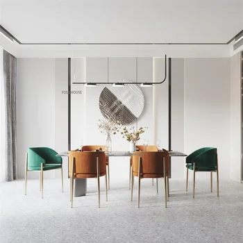 Скандинавская мебель Тканевые обеденные стулья для кухни Домашний легкий роскошный гостиничный металлический шезлонг с простым подлокотником сзади обеденный стул 0