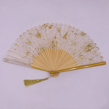Складной веер в китайско-японском стиле с золотой посыпкой, свадебный подарок для бамбуковых танцев, домашний декор, сверкающий ручной веер с кисточками