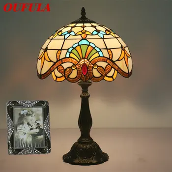 Современная настольная лампа OUFULA от Tiffany, креативный светодиодный светильник из европейского витражного стекла в стиле ретро, декор для дома, гостиной, спальни
