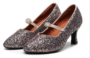 Современные танцевальные туфли с блестками Для женщин и девочек С закрытым носком, танцевальные туфли для бального танго, Сальсы, Ча-ча-ча, разноцветные туфли на среднем каблуке 5,5 см