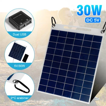 Солнечная панель мощностью 30 Вт, 5 В, Двойной USB-аккумулятор, водонепроницаемый Портативный аккумулятор для солнечных батарей, Солнечное зарядное устройство для кемпинга, пеших прогулок 0