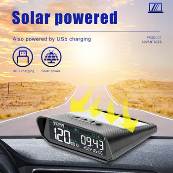 Солнечный автомобильный HUD GPS Головной дисплей Цифровые часы Спидометр Сигнализация о превышении скорости Предупреждение об усталости при вождении Дисплей высоты пробега