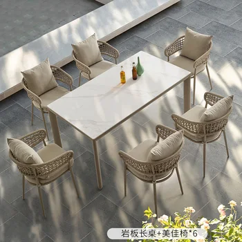 Стол и стул из высококачественного алюминиевого сплава, терраса во внутреннем дворе виллы, сочетание обеденного стола и стула, сплетенных из водонепроницаемой веревки