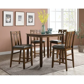 Столовая с натуральной коричневой отделкой, набор из 5 предметов, высота кухонной стойки для завтрака, обеденный стол, деревянная столешница, сиденья с подушками, Высокие стулья для столовой, r