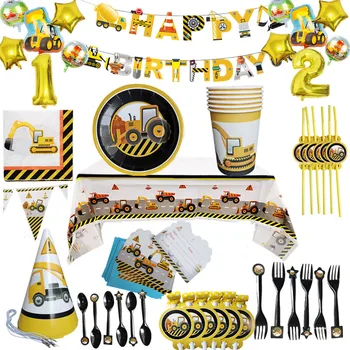 Строительная тема для вечеринки по случаю Дня рождения Набор одноразовой посуды для мальчиков С Днем Рождения Украшения Мультяшный автомобиль Воздушные шары для вечеринки Тарелки Чашка