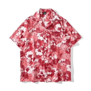 Темно-Значок Красная Цветочная Гавайская Рубашка Мужчины Женщины Летние Пляжные Рубашки Из Тонкого Материала Мужская Блузка