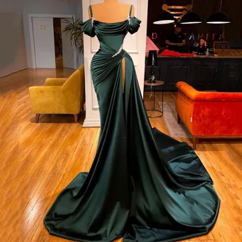 Темно-зеленый Сексуальный бисер, платье для выпускного вечера в стиле Русалки Длиной до пола с открытыми плечами, вечерние платья с разрезом 2023, Дубай, Арабский