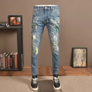 Уличная мода, мужские джинсы, дизайнерские эластичные рваные джинсы с синей росписью, мужские брюки-стрейч, джинсовые брюки-карандаш в стиле хип-хоп, Hombre