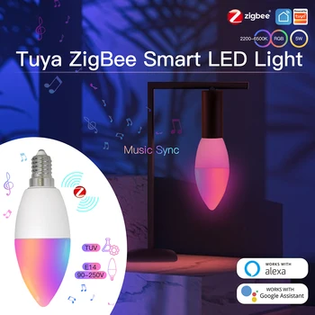 Умная лампочка ZigBee E14 с регулируемой яркостью, приложение для дистанционного / голосового управления, функция музыкального ритма, работает с Google Home Alexa