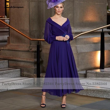 Фиолетовое шифоновое платье для матери жениха чайной длины 2022 Элегантные женские платья для свадебного ужина с длинными рукавами