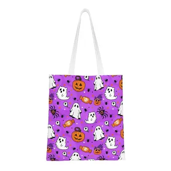 Фиолетовый Хэллоуин с тыквами, сумки для покупок с пауком, парусиновые сумки для покупок с модным принтом, прочные сумки через плечо