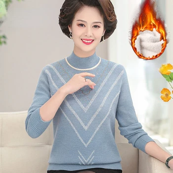 Флисовый свитер для женщин среднего возраста 2023, осень-зима, свободные женские шерстяные пуловеры с толстым низом, Элегантный вязаный джемпер F71