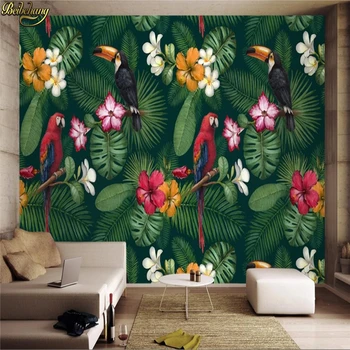 Фотообои beibehang на заказ, большие обои, наклейка на стену, Скандинавское зеленое растение, Цветок, Птица, ручная роспись, фоновая стена