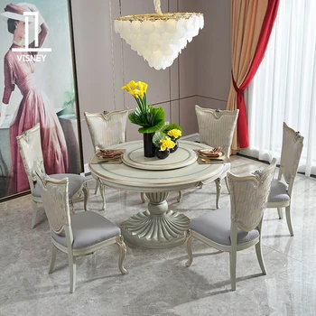 Французский светлый роскошный обеденный стол из массива дерева, бытовой европейский стиль с поворотным столом, одним столом и шестью стульями, круглая обеденная подставка